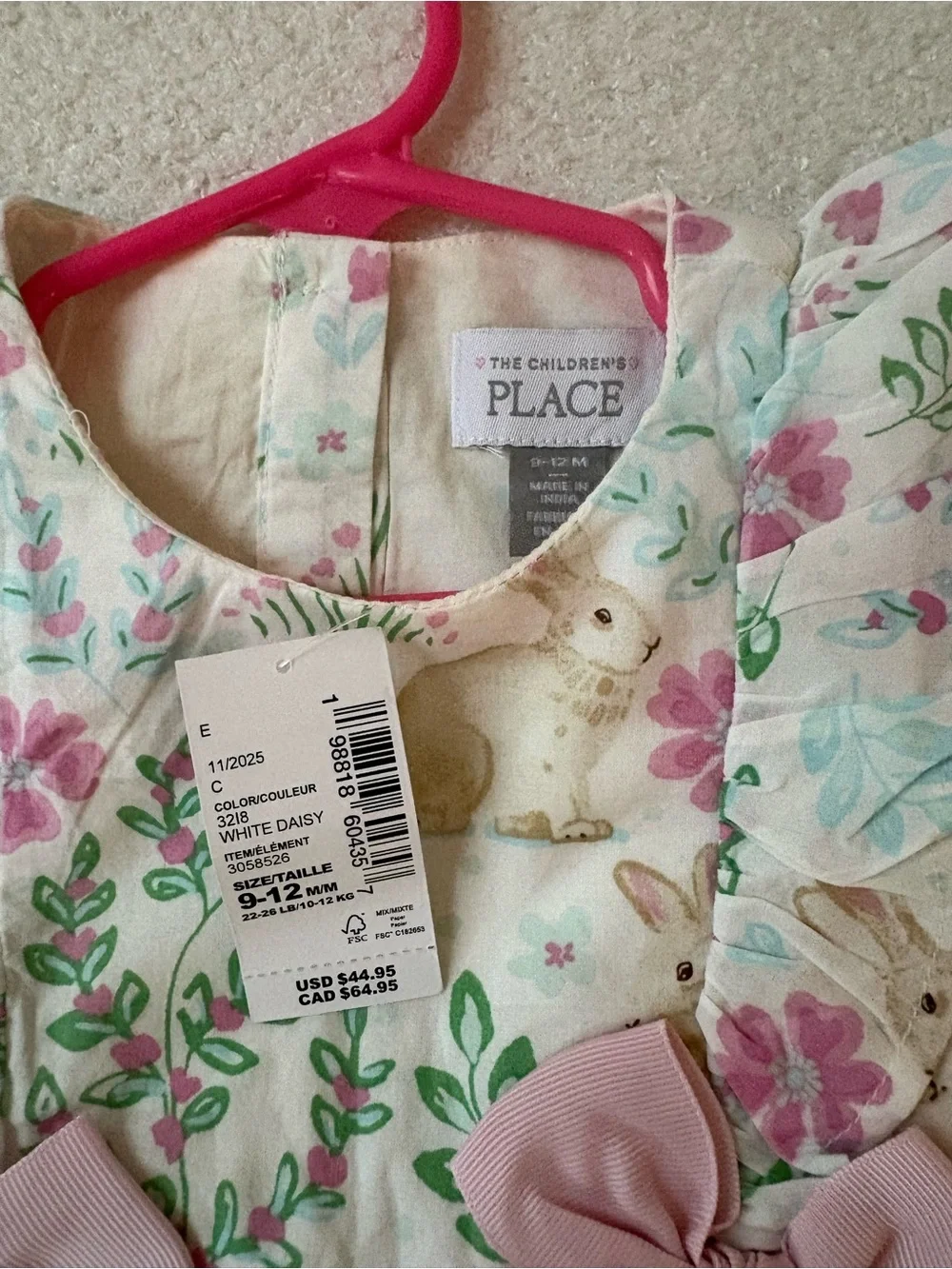 The Children's Place Floral Bunny Bow Dress in White, Pink, Green